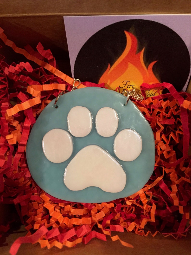 Cat Dog Paw Print Hand-Cut Fused on Purple Glass Hanging Ornament