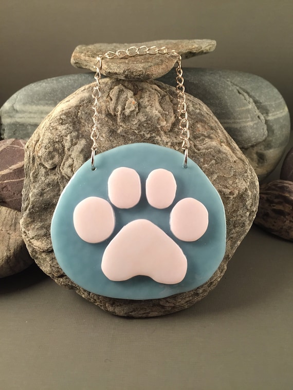Cat Dog Paw Print Hand-Cut Fused on Purple Glass Hanging Ornament