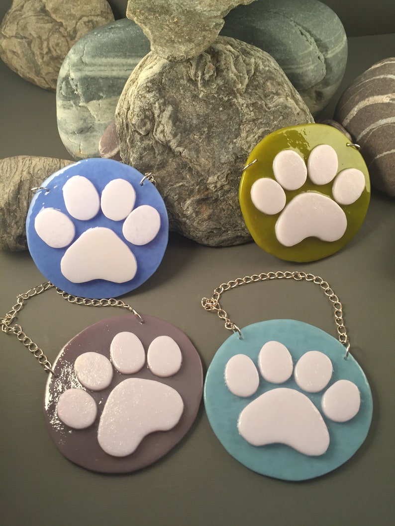 Cat Dog Paw Print Hand-Cut Fused on Purple Glass Hanging Ornament