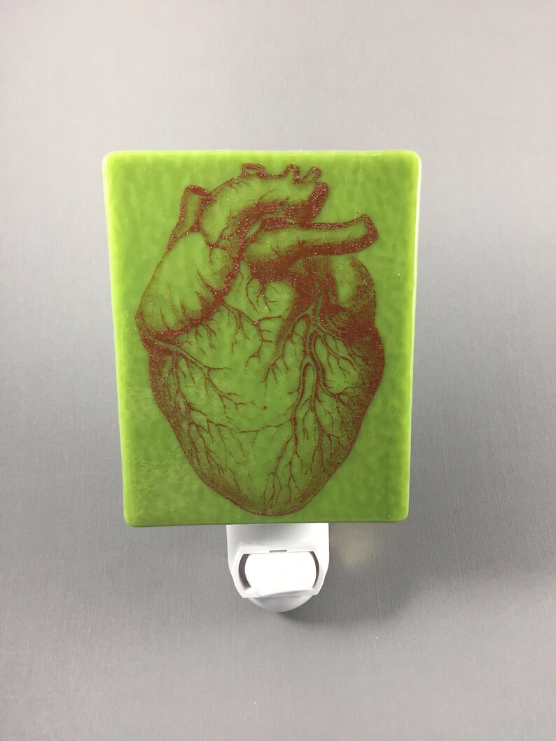 Heart Vintage Illustration Kiln-fired Night Light on Green Glass