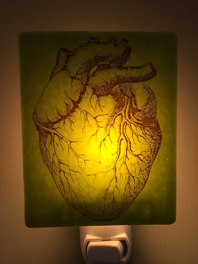 Heart Vintage Illustration Kiln-fired Night Light on Green Glass
