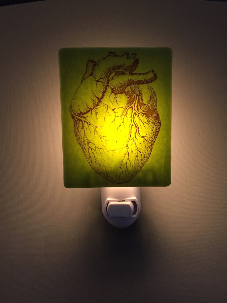 Heart Vintage Illustration Kiln-fired Night Light on Green Glass