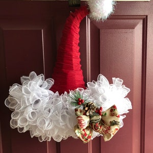 Free shipping, Santa Hat, Santa Door Wreath, Santa Hat Wall Hanging, Deco Mesh Santa Hat, Christmas Decor