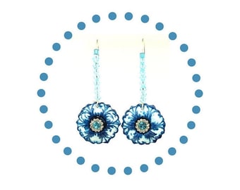 Flower Earrings Dangle, Flower Earrings, Clay Earrings, Blue Earrings, Handmade Flower Earrings, Botanical Earrings, Floral Earrings