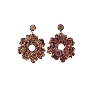 Chunky RainbowGlitter Earrings, Retro Daisy Flower Jewelry, 70’s Statement Dangles, Fun Summer Festival Earring, lightweight Party Accessory