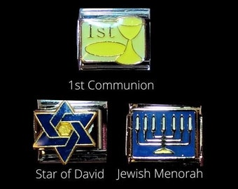 Religious Italian Charms 9mm-Bible, 1st Communion, Jesus, Angel, Cross, Mosaic Window, Ark, Menorah, Star of David, Praying Hands