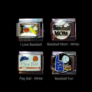 May include: Four silver charm bracelets with baseball-themed designs. The charms feature a baseball, a baseball glove, a baseball bat, and the words "Baseball Mom".
