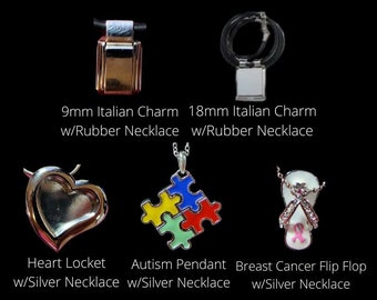 Italian Charm Necklaces - 9mm, 18mm, Heart Locket, Autism, Breast Cancer Flip Flop