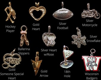 Necklace Pendants - Hockey, Heart, Football, Motorcycle, Ballerina, Rose, Snowflake, Arrow, Golf, Badgers