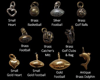 Antique Brass, Gold, Silver Charms - Heart, Basketball, Football, Golf, Baseball, Dolphin