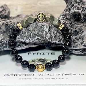 Pyrite & Black Onyx Bracelet: Antique Gold Fleur de Lis Gemstone
