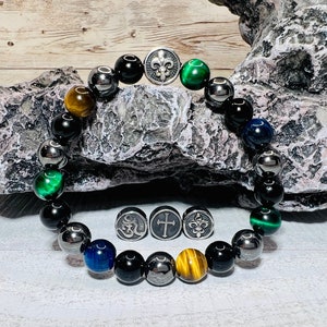 Pulsera de triple protección / Ojo de tigre de 8 mm, obsidiana negra, hematita / energía curativa del equilibrio / alivio de la ansiedad y el estrés / flor de lis