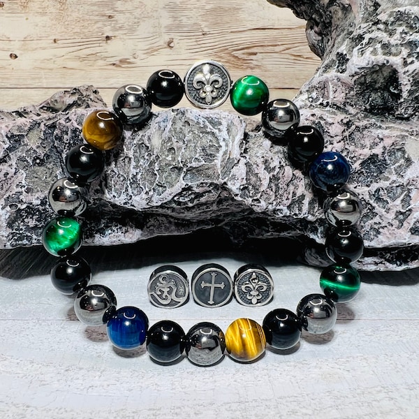 Triple Protection Bracelet | 8mm Tiger Eye, Black Obsidian, Hematite | Balance Healing Energy | Anxiety and Stress Relief | Fleur De lis