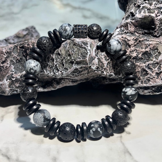 Designer Pyrite and Obsidian Rock Beaded Men's Bracelet - Desires by Mikolay