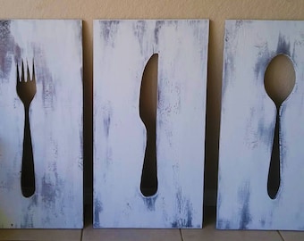 Large Rustic Fork Knife Spoon Kitchen Hanging Sign Wall Art Decor Weathered Chalk finish