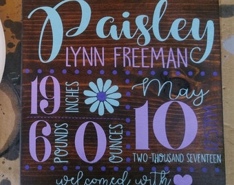 Custom Newborn Stats Wood Sign - Personalized Child/Birth Announcement wall hanging