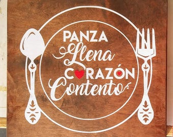 Spanish Kitchen Wood Sign - Cocina Panza Llena Corazon Contento wall art decor