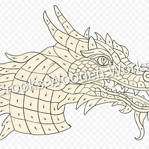 May include: A detailed illustration of a dragon's head, featuring a light beige color palette with black outlines. The dragon has sharp teeth, horns, and intricate scales. The text "Crooks Wooden Works" is visible.