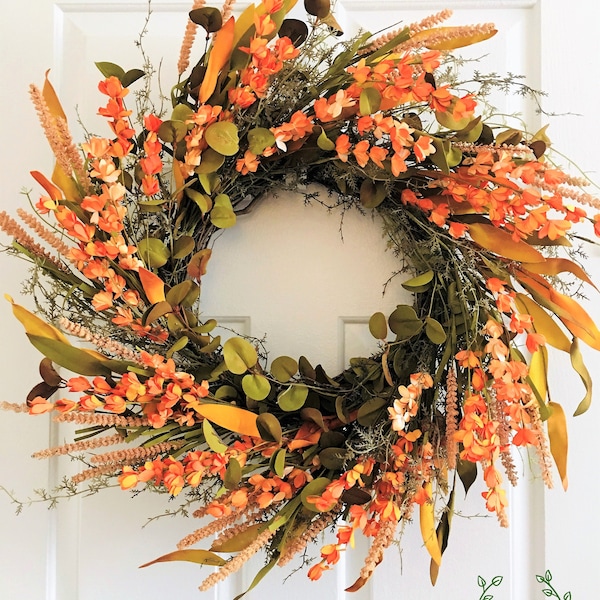 Fall wreath for front door, Orange flowers wreath, Autumn wreaths,Outdoor wreaths,Front door decor