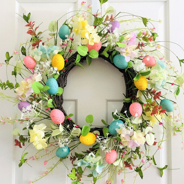 Easter Wreath for front door,Eggs flower wreath, Easter door decoration, Spring wreath for front door