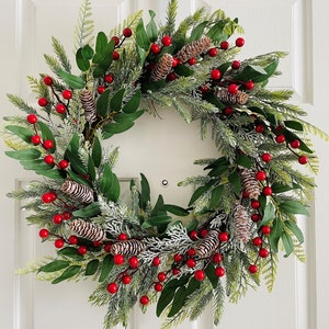 Christmas berry wreath, Winter door wreaths, Winter wreath for front door, Pine red berry Wreath, Leaves berry wreath,