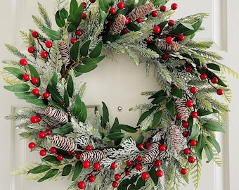 Christmas berry wreath, Winter door wreaths, Winter wreath for front door, Pine red berry Wreath, Leaves berry wreath,