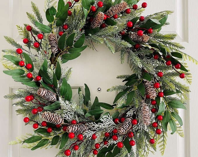 Christmas Berry Pinecone Wreath, Winter Door Decor,Red berry Christmas wreath, Winter berry pinecone wreath