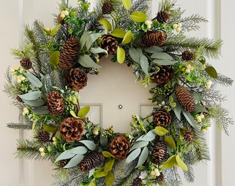 Winter door wreath, Front door pinecone wreath, Pinecone leaves wreath, Christmas door wreath, White berry wreath