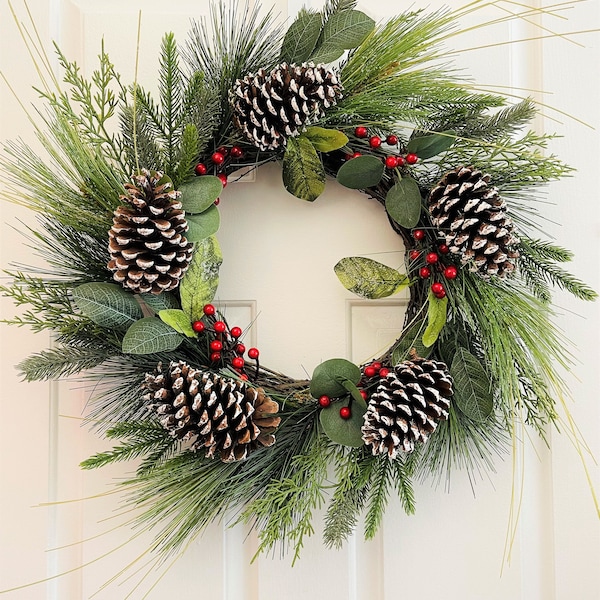 Pinecone wreaths for front door, Holiday pinecone wreath, Christmas wreath for front door, Pine red berry wreath, Pinecone berry wreath