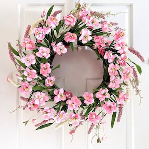 Spring wreath for front door, Cherry blossom wreath, Pink flowers wreath, Front door wreath, Everyday wreath