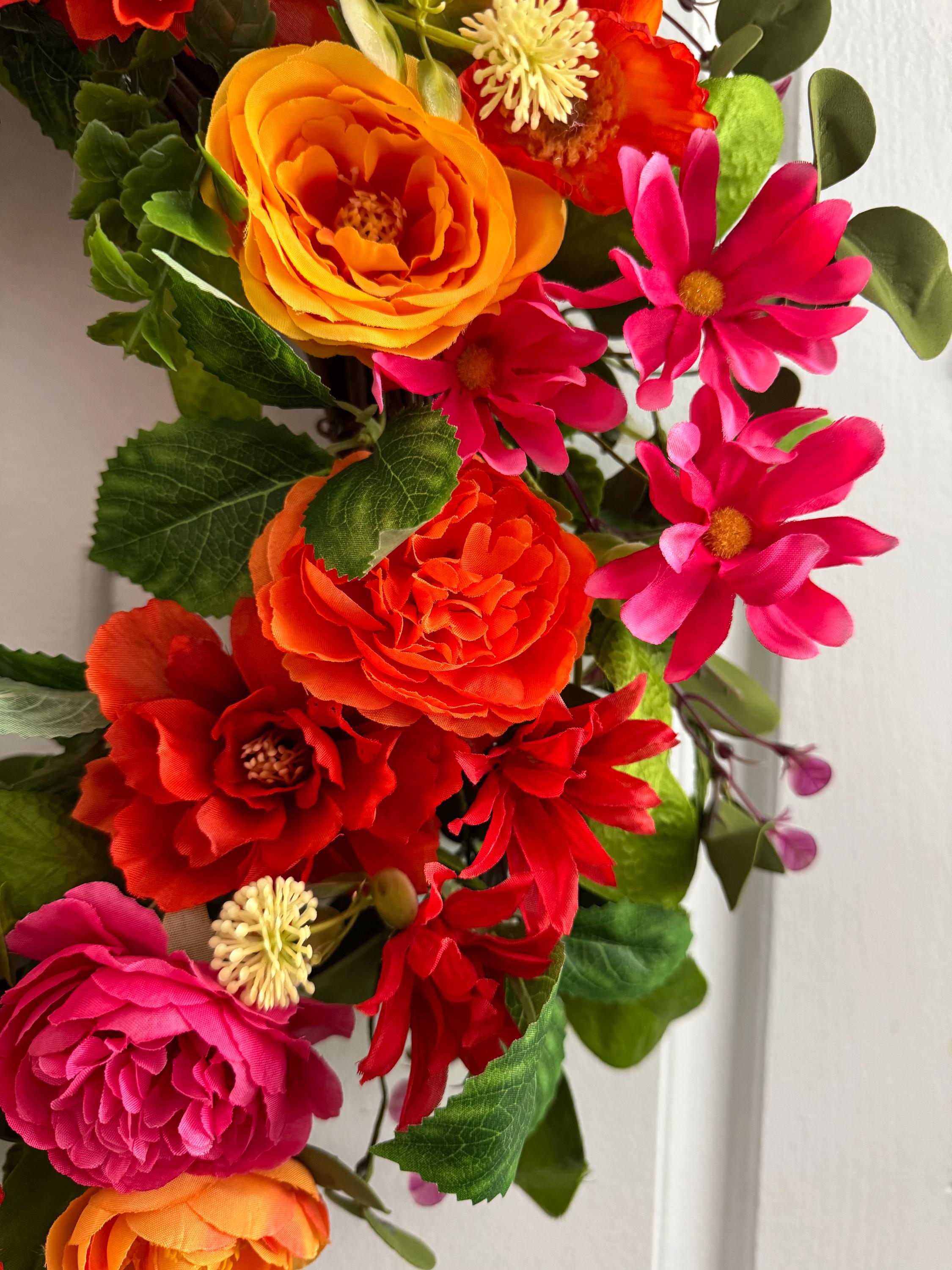 Pink & Red Rose Wreath: Spring Summer Front Door Decor, Front Door ...
