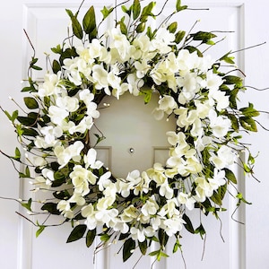 White Flower Wreath: Spring Front Door Decor, 20-21 Inch