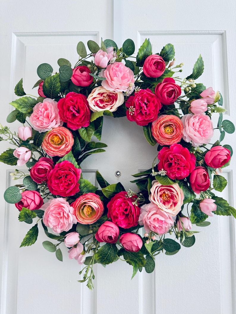 Red Rose Wreath, Pink Rose Wreath, Spring Summer Front Door Decor ...