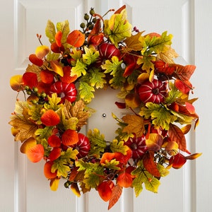Pumpkin & Maple Leaf Wreath, Autumn Thanksgiving Door Decor,Pumpkin leaves wreath, Front door fall wreath