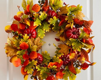 Fall pumpkin wreath, Fall leaves pumpkin wreath, Fall leaves wreath for front door, Red pumpkin wreath, Thanksgiving wreath