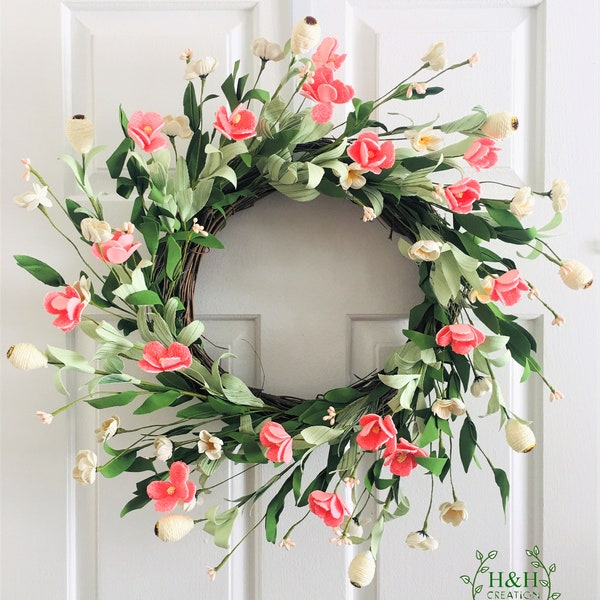 Spring Pink flower berry wreath, Spring wreath for front door,Summer wreath for front door,  Flower wreath, Everyday wreath.