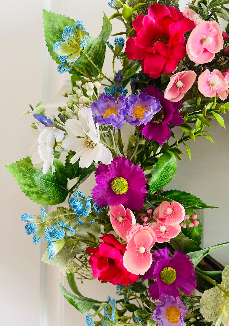 Spring/Summer flowers wreath, Front door flowers wreath, Pink flowers wreath, Purple flowers wreath, Everyday wreath image 3
