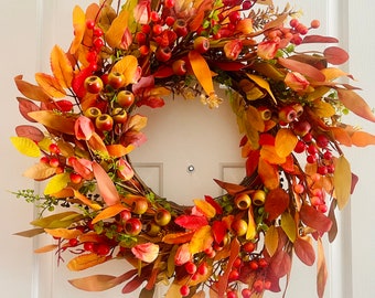 Fall leaves wreath for front door, Autumn berry wreath, Orange leaves wreath, Fall berries wreath, Red/orange leaves wreath