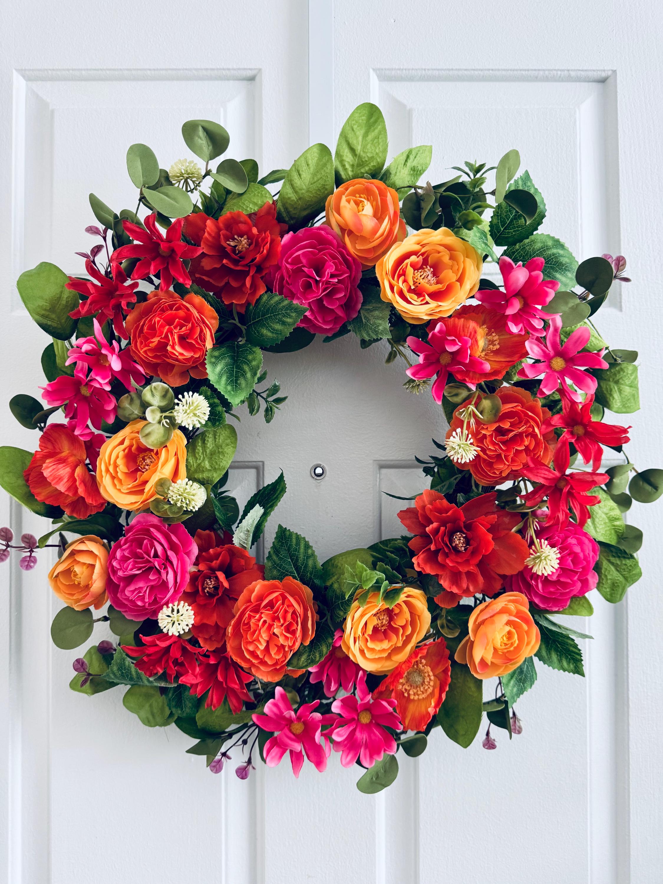 Pink & Red Rose Wreath: Spring Summer Front Door Decor, Front Door ...