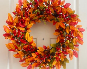 Fall red berry wreath, Front door leaves wreath, Berry leaves wreath, Red leaves wreath, Red berry leaves wreath, Autumn red berries wreath