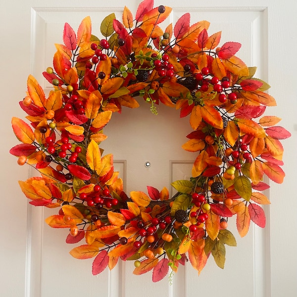 Fall red berry wreath, Front door leaves wreath, Berry leaves wreath, Red leaves wreath, Red berry leaves wreath, Autumn red berries wreath