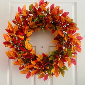 Fall Berry Wreath, Red Leaves, Festival Front Door Decor, Autumn red leaves wreaths, Fall front door wreath, Harvest wreath