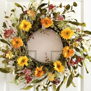 Sunflower Front Door Wreath: Spring Summer Berry Wreath (20-21 inch), Door flower wreath, Sunflowers wreath