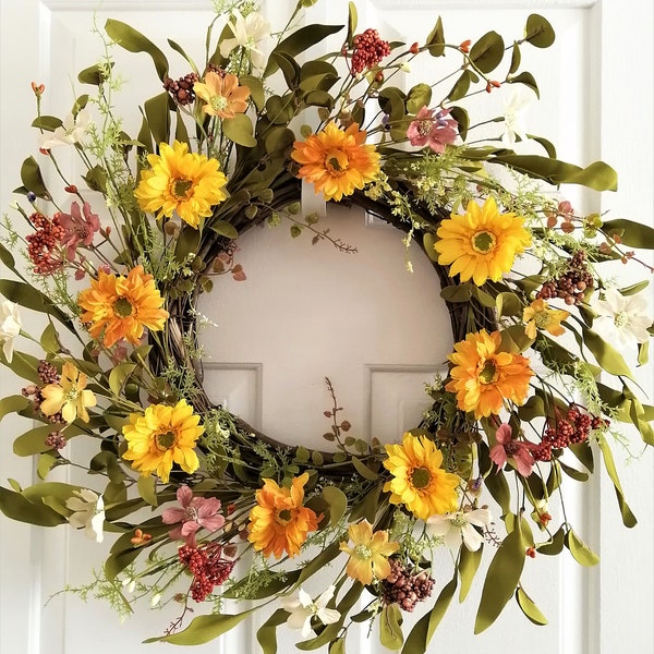 Spring/Summer front door wreaths, Fall flower berry wreaths, Door flower wreath, Sunflowers wreath, Everyday wreath