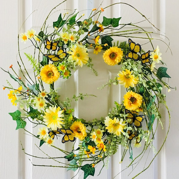 Summer flowers wreath for front door, Yellow flowers with butterfly wreath, Front door wreath