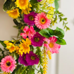 Spring/Summer flowers wreath, Flowers wreath for front door, Spring pink flower wreath, Pink yellow flowers wreath, Summer flowers wreath. image 2