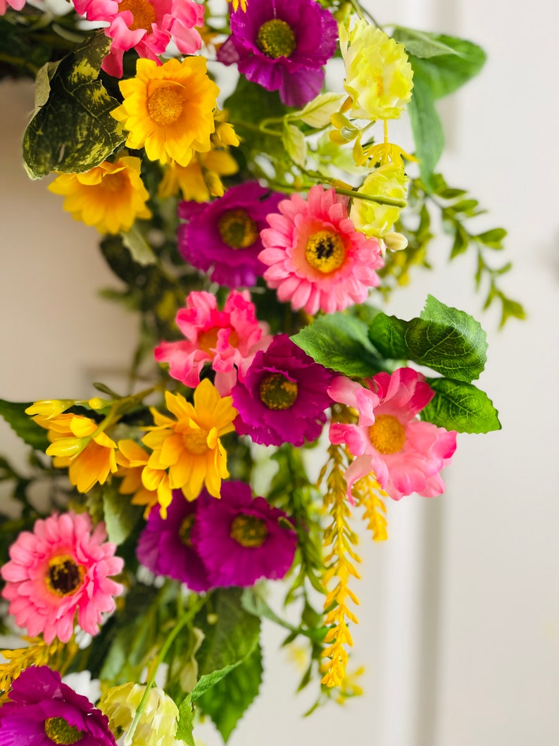Spring/Summer flowers wreath, Flowers wreath for front door, Spring pink flower wreath, Pink yellow flowers wreath, Summer flowers wreath. image 2