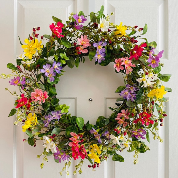 Spring/Summer flowers wreath, Mini Flowers wreath for front door, Spring pink flowers wreath, Red flowers wreath, Everyday wreath