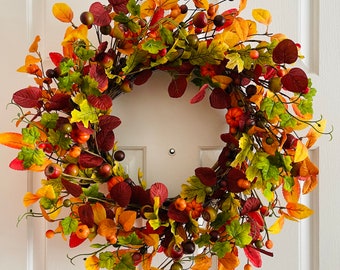 Fall berry leaves wreath, Fall wreath for front door, Berry wreath for front door, Leaves wreath