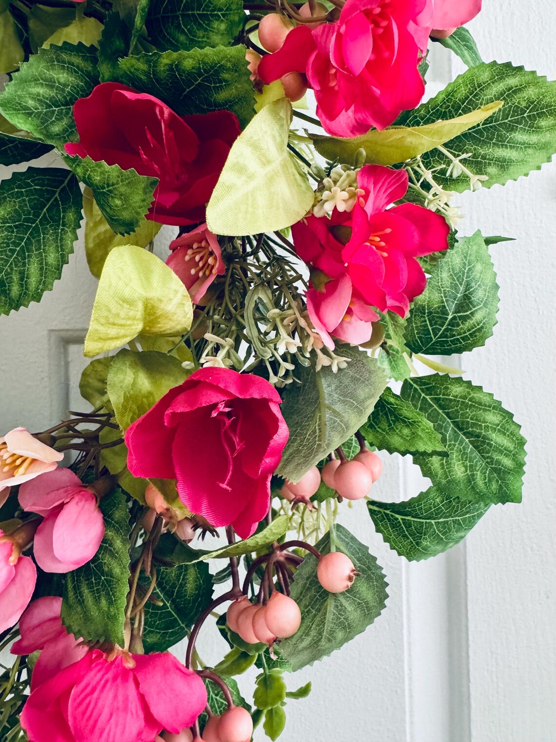 Spring Floral Wreath, Summer Rose Wreath, Pink & Red Flowers, Front ...